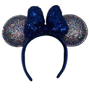 Disney Parks Minnie Mouse 2020 Glitter Ears Blue Sequined Bow Headband